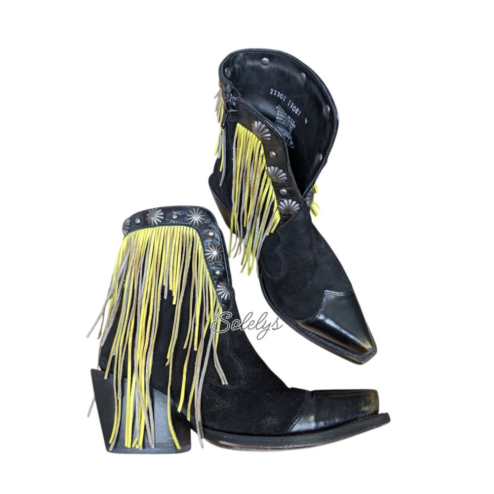 Mezcalero Eilen Green Handmade Fringe Black Suede Pointed Toe Western Bootie 8